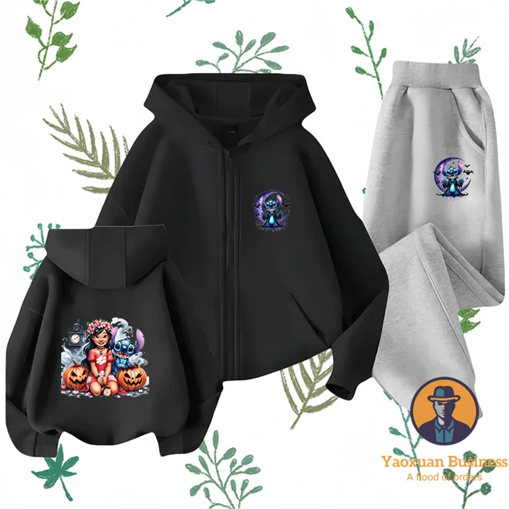 

Fashionable 2025 Stitch Halloween Little Boys Girls Zip Up Sweatshirt Set Cute Printed Cartoon Windproof Warm Autumn Winter New​
