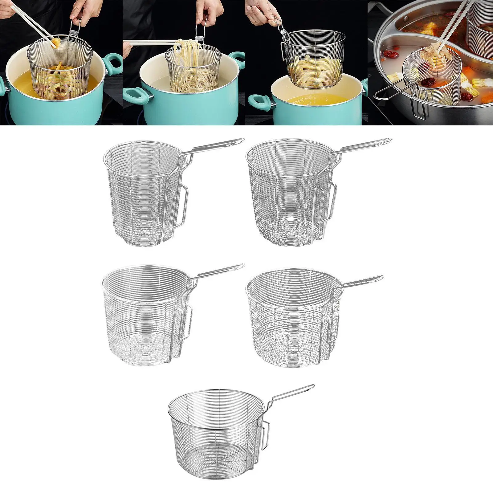 

Stainless Steel Food Colander Sifter Fry Basket for Noodles Frying 18cm