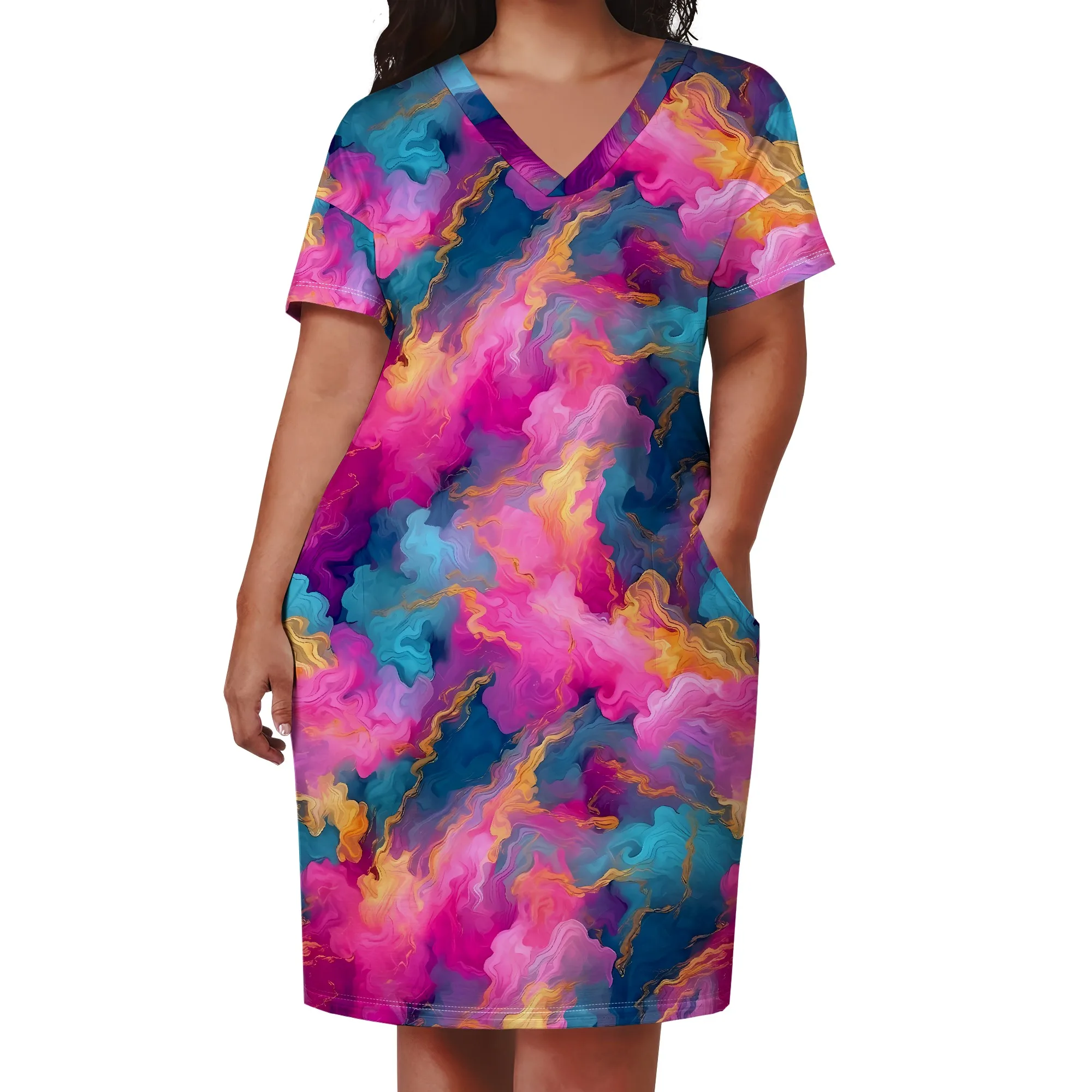 Plus Size V Neck Short Sleeve Dress for Women Geometric Marble Print Casual Summer Midi Dress