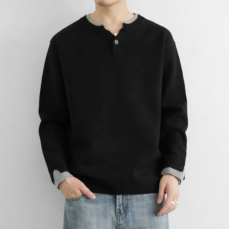 

Autumn Winter Men's Slim Fit Knitwear Henry Collar round Ne Sweater Casual Sle Outerwear Luxury Lightweight Color Blo