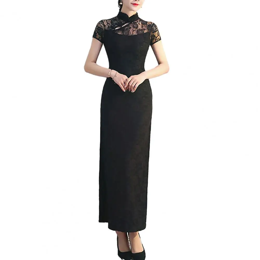 Retro Style Cheongsam Ladies Cheongsam Dress Elegant Vintage Chinese Lace Maxi Dress with Stand Collar Side Split for Chinese