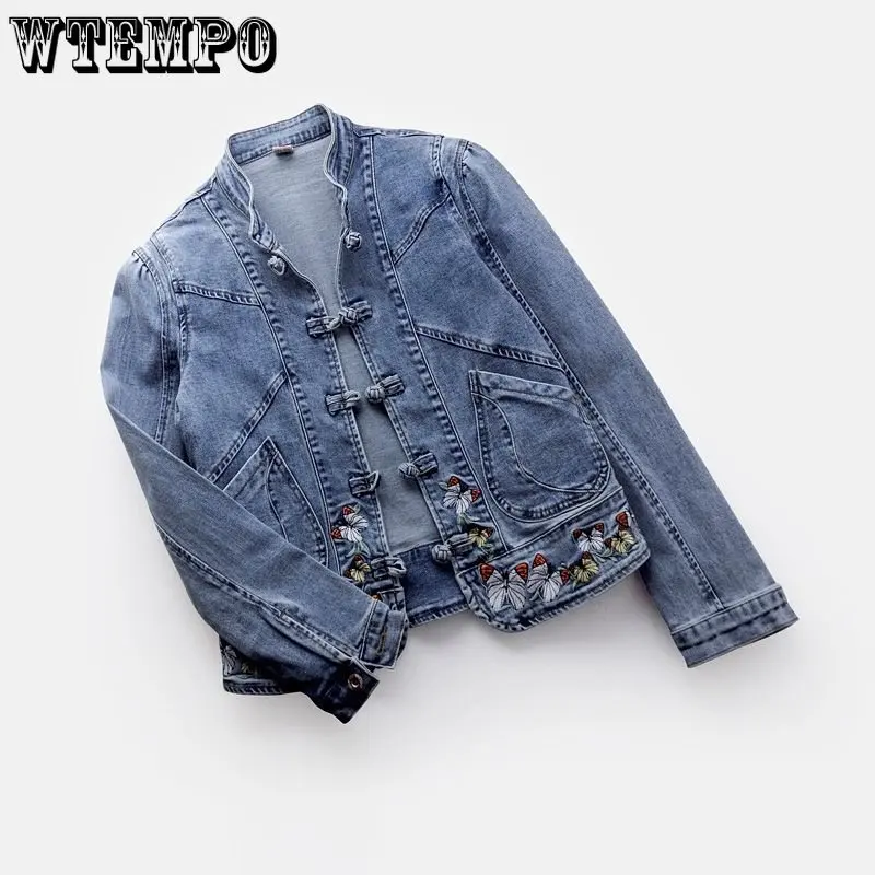 Short Denim Jacket Vintage Chinoiserie Embroidered Stretch Jacket Women\'s Spring and Autumn All Match Fashion Harajuku Slim Tops