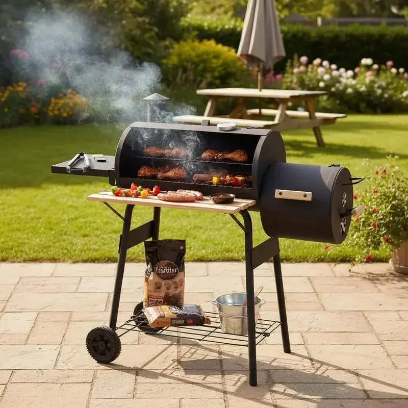 

Portable Charcoal BBQ Grill, Cold-rolled Steel, Solid Wood, 104H x 124L x53W cm-Black