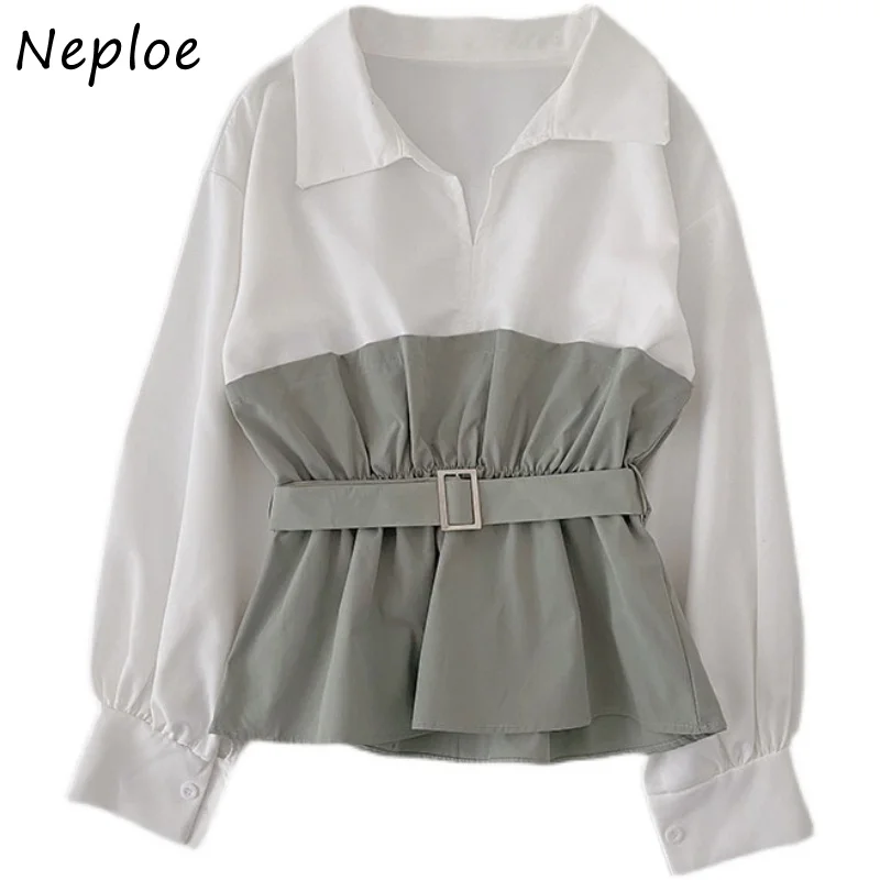 Neploe Elegant Temperament Autumn Shirt Women 2024 New Korean Style Long-sleeve Blouses Woman Belt Slim Waist Blusas Female