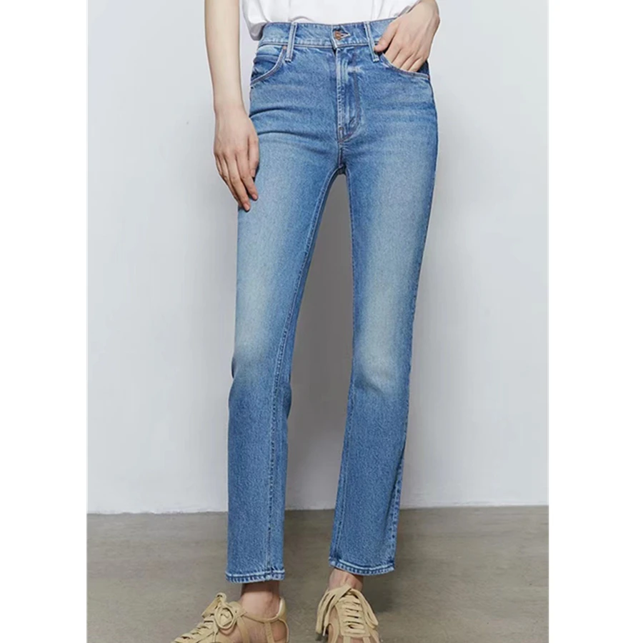 

Maxdutti French Minimalist Commuting Casual High Waist Color Blue Elastic Slim Fit Straight Leg Denim Cropped Jeans For Women