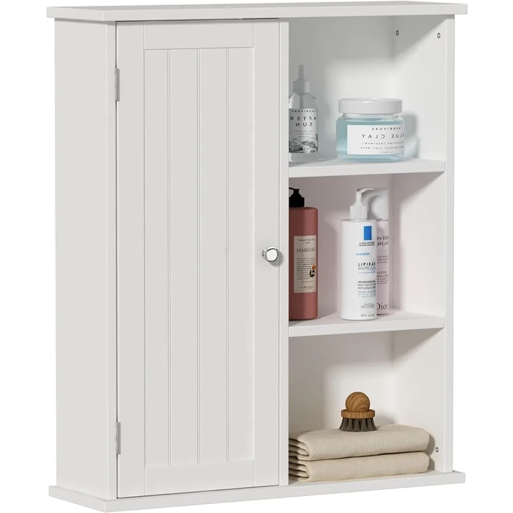 Treocho Bathroom Wall Cabinet, Medicine Cabinet with Door and Open Shelf, Wall Mounted Storage Organizer for Bathroom, White