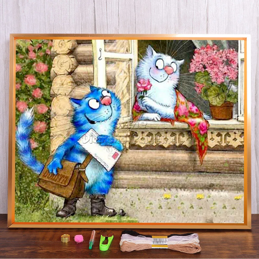 Cartoon Blue Cat Romantic Love Animal Printed 11CT Cross Stitch Set Embroidery DMC Threads Handicraft Sewing Hobby Adults