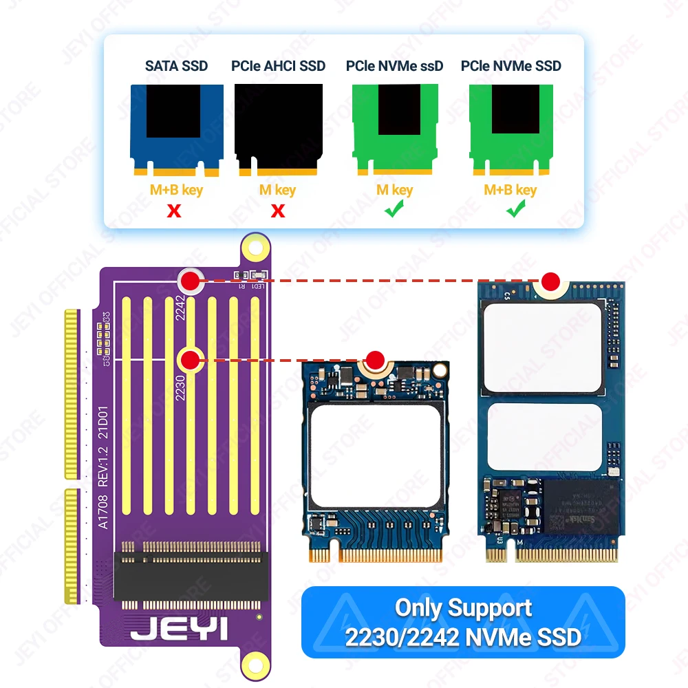 JEYI M.2 NVME SSD Convert Adapter for SSD MacBook Pro 2016-2017 A1708 – Connector 22 + 34 Points