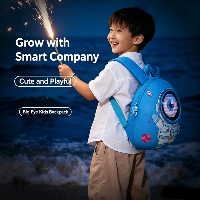 Cartoon big-eyed space man LED backpack for students - double shoulder bag with LED screen - dynamic cute pet - blue schoolbag
