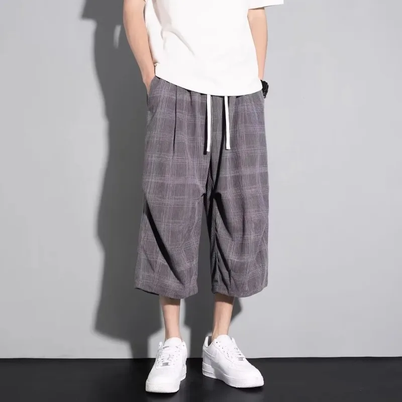 Men's Plaid Cropped Pants Vintage Hong Kong Style Loose Fit Ice Silk Casual Seven Point Pants