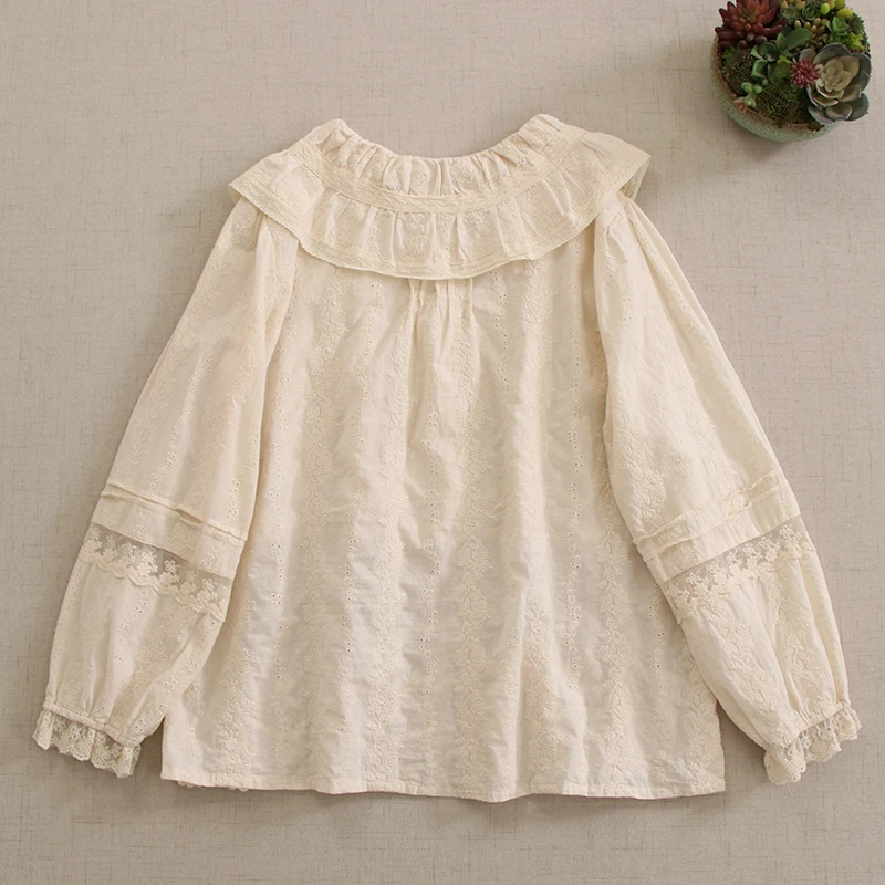 Japanese Sweet Mori Girl Lace Mesh Embroidery Cotton Shirt Women Spring Autumn Cute Peter Pan Collar Long Sleeve Blouse Tops