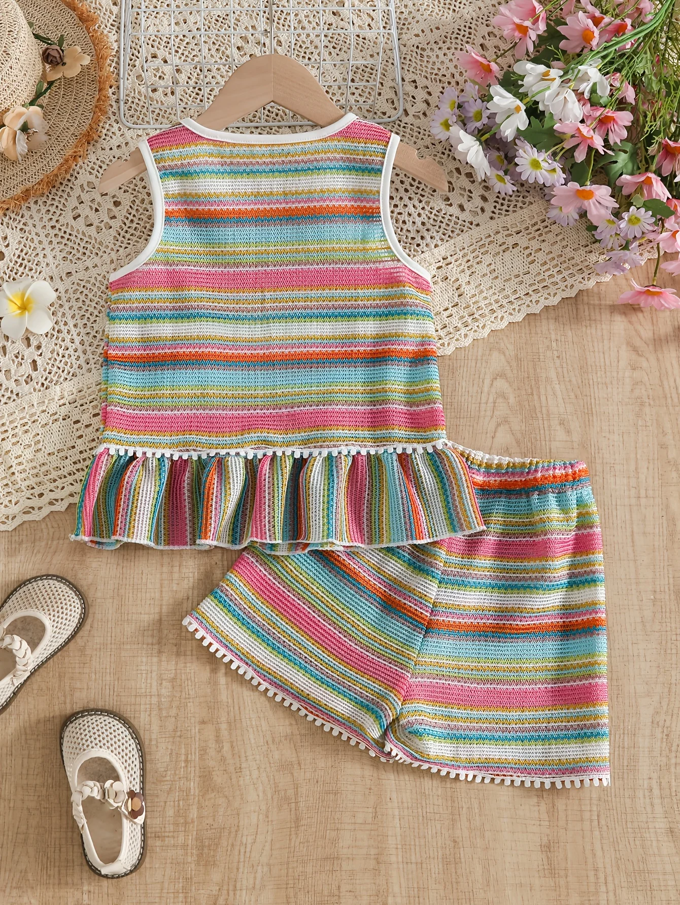 Baby Girl Summer Rainbow Striped Knit 2pcs Set, 3D Flower Sleeveless Vest + Ruffle Shorts, Breathable Cute Infant Outfit
