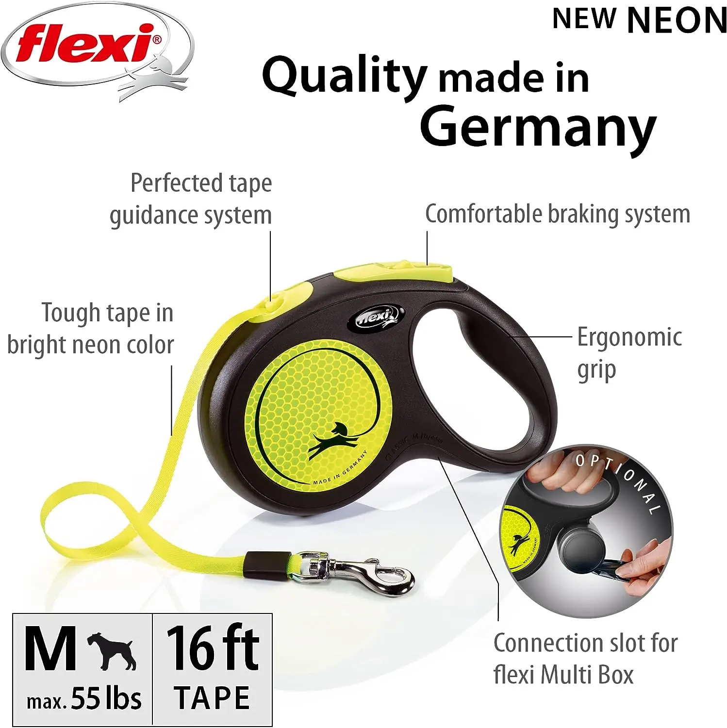 FLEXI New Neon Retractable Reflect Dog Leash (Tape), Ergonomic, Durable and Tangle Free Pet Walking Leash for Dogs