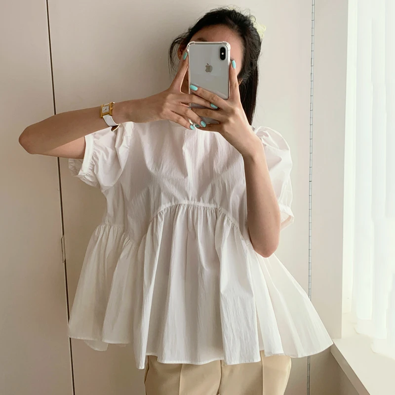 시크한 여름 루즈 버블 슬리브 셔츠 라운드 넥 백 홀로우 아웃 벨티드 캐주얼 패션 여성용 탑 반팔 단색