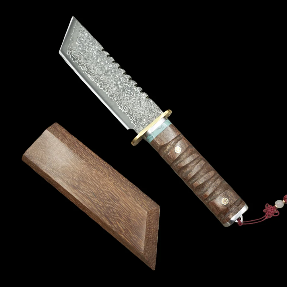 النمط الياباني تانتو دمشق بليد خشب الورد مقابض سكين الصيد ، التخييم EDC أدوات يدوية الدفاع عن النفس في الهواء الطلق بقاء السكاكين