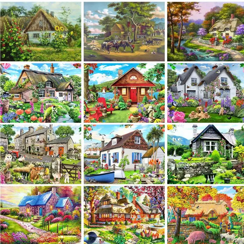 

GATYZTORY Farm house Coloring By Numbers On Canvas Wilderness Lodge DIY Painting By Numbers For Adult Frameless Digital Painting