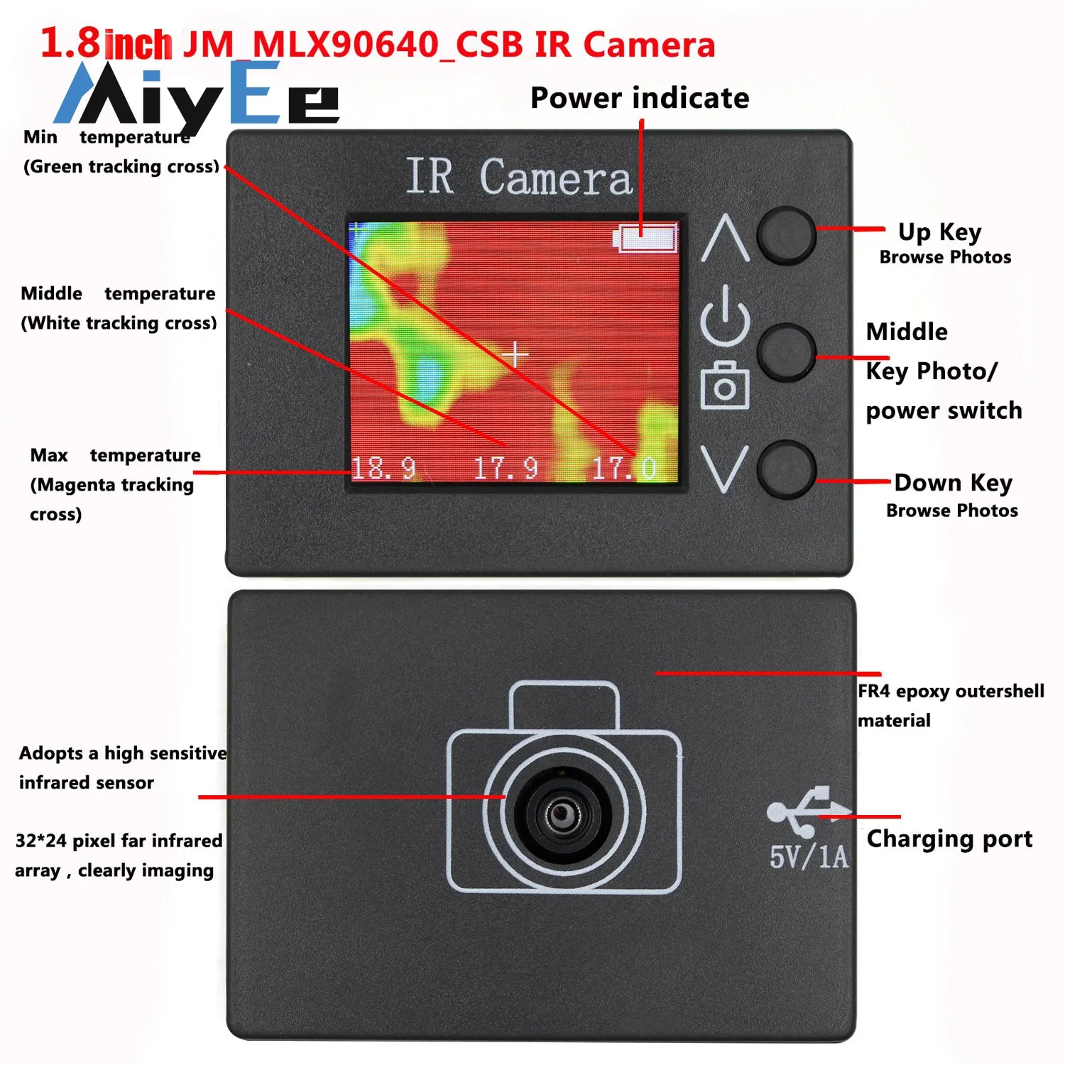 MLX90640 Sensor de câmera infravermelha digital LCD de 1,8 polegadas para detecção de temperatura DIY