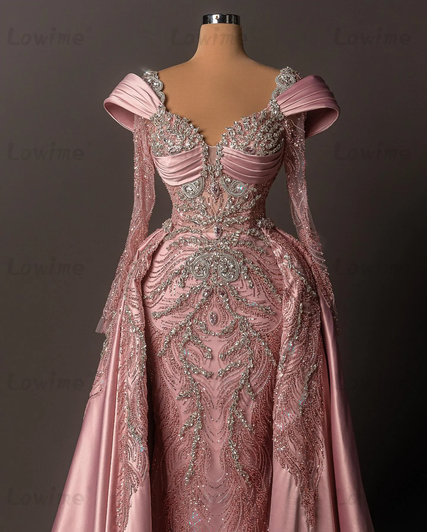 Gorgeous Pink Evening Dresses For Women Sweetheart Long Sleeves Crystals Party Gown With Detachable Train Prom Dress Customized