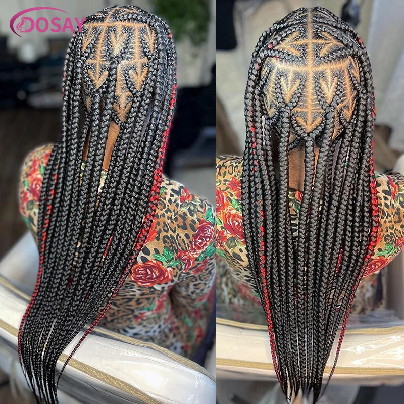 Long Knotless Box Braid Lace Frontal Perucas para Mulheres Negras, feito à mão, Forma do Coração, Trançado, Sintético, Cornrows, Tranças Plait, 36"