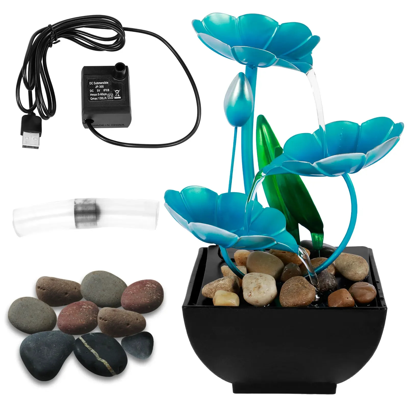 

Tabletop Fountain USB Powered Small Lotus Waterfall with Rocks Relaxation Creative Fountains Desktop Waterfall Decoration Mini