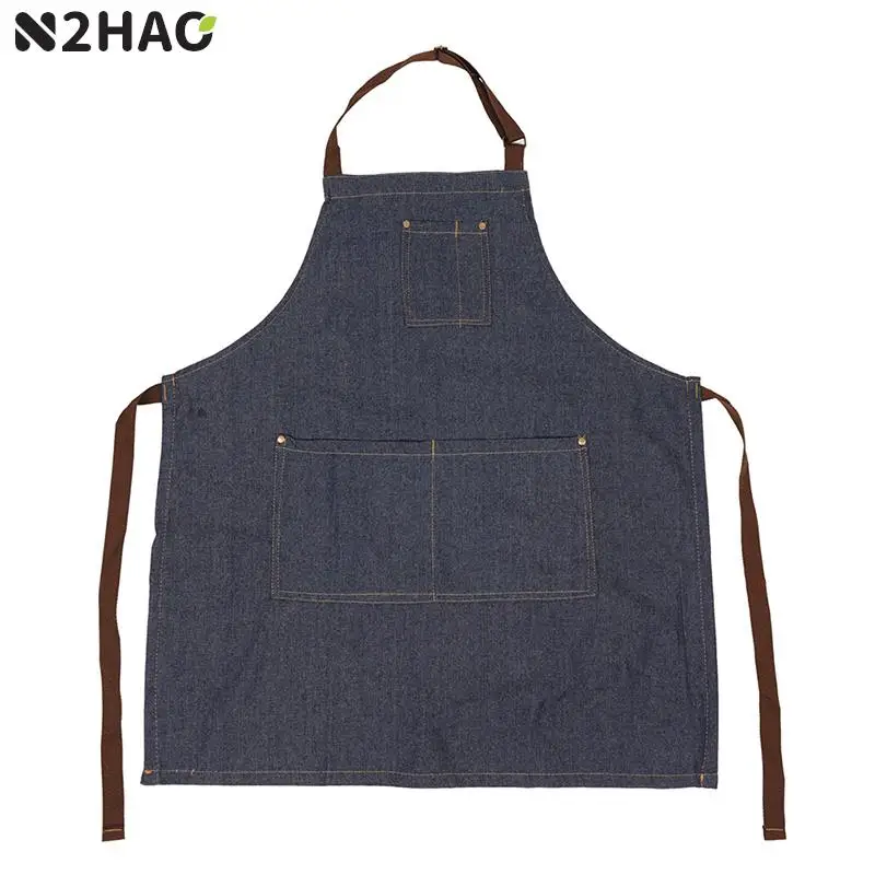 New Cotton Jeans Kitchen Aprons For Woman Men Chef Work Apron For Grill Restaurant Bar Shop Cafes Beauty Nails Studios Uniform