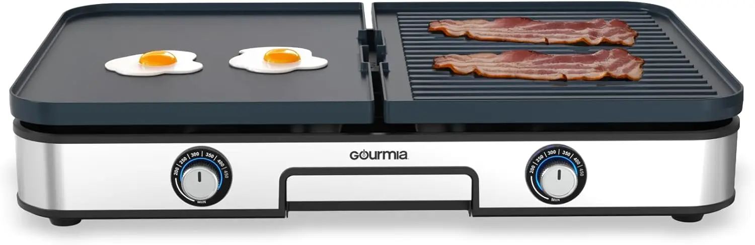 

3-in-1 Electric Indoor Grill & Griddle with Dual Zones, Reversible Nonstick Plates, Large Cooking Surface, Adjustable Temp