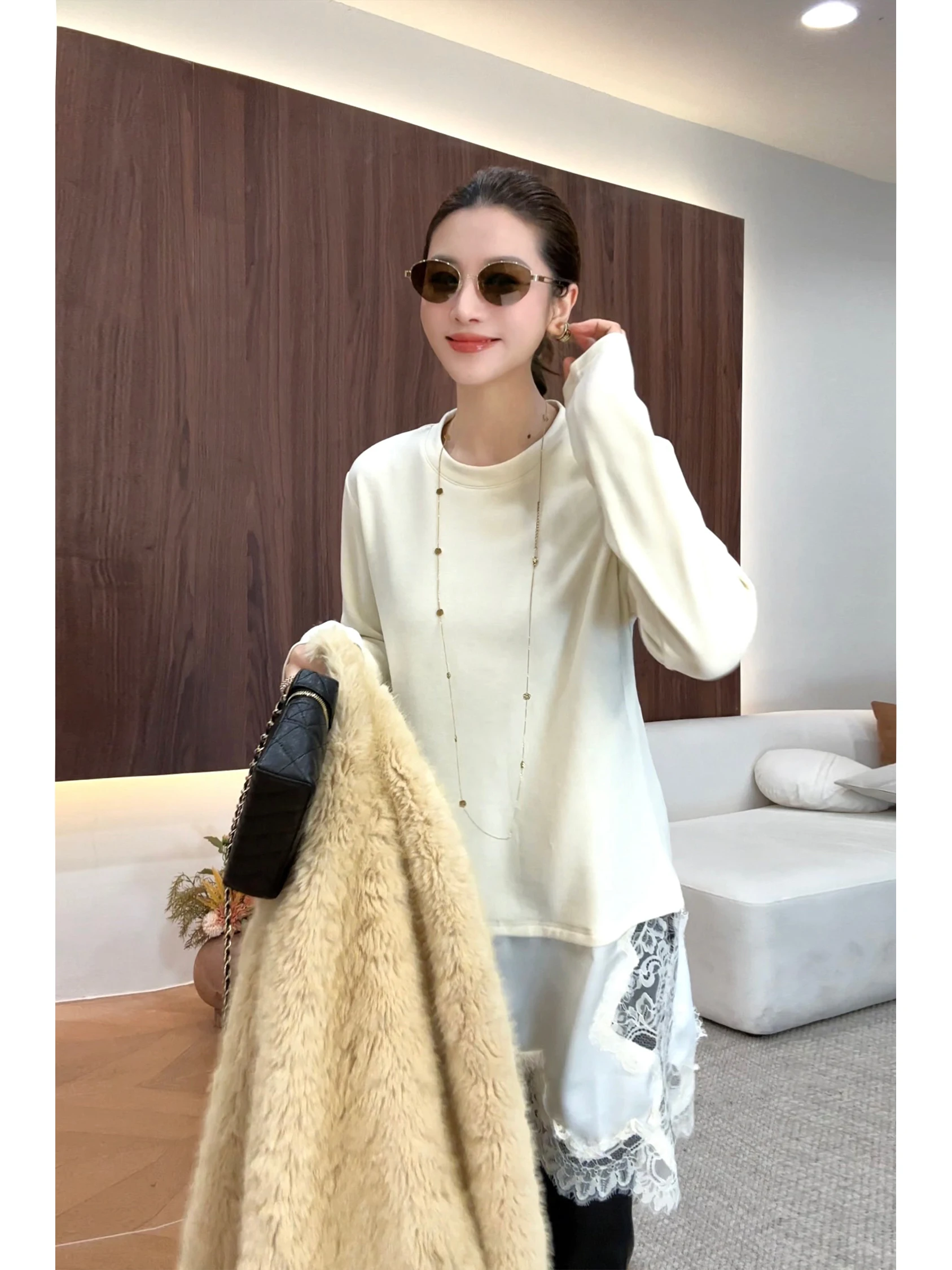 

Monthly No Fi Eating Lace Hem Long Sve round Ne Double Color Base irt Casual Loose Fit V-Ne Splice Design Women's Top