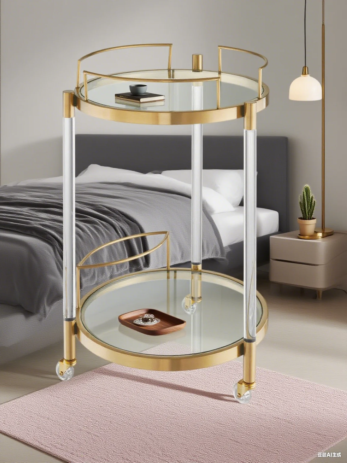 Commercial-Grade Premium Acrylic Bar Cart With Wheels Double-Layer Modern Round Wine & Snack Trolley For Hotel Serving