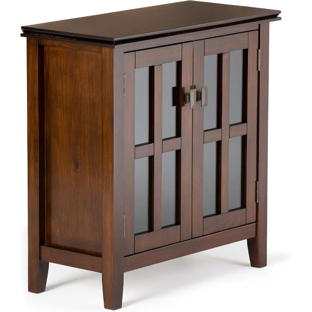 

Artisan SOLID WOOD 30 inch Wide Contemporary Low Storage Cabinet in Russet Brown, with 2 Tempered Glass Doors