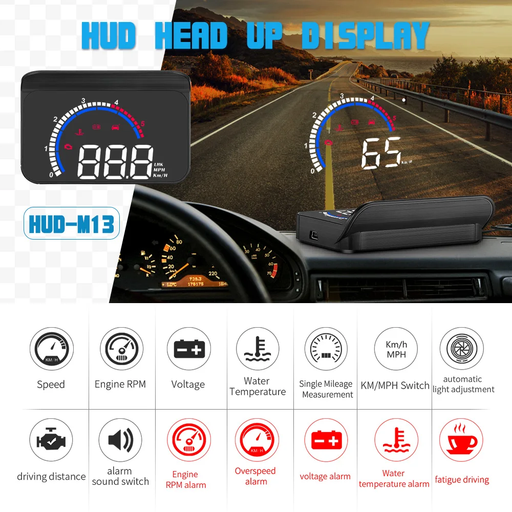 M13 Car OBD Speed Projector for HUD Portable LCD Head Up Display Water Temp KMH MPH RPM Overspeed Alarm OBD2 onboard computer view 4