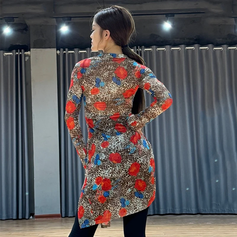 Vêtements de danse latine pour femmes, Cardigan léopard à manches longues, manteau Long fendu, Rumba, salle de bal, vêtements de pratique de danse, DNV23397