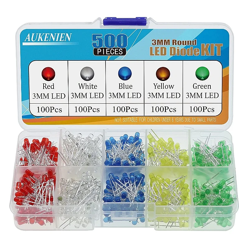 

AUKENIEN 500pieces 3MM LED Diode light emitting Diodes round head LED diffused light Diodes 5 colors red blue yellow green white