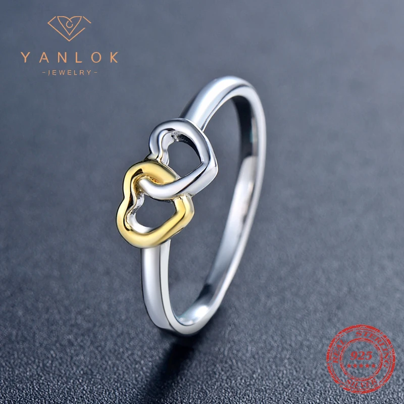 YANLOK Bands Jewelry Double Hearts silver rings Soild 925 sterling silver Heart Ring 2017 Collection Summer for women Gift
