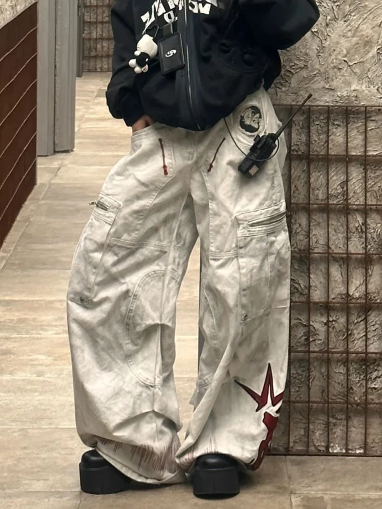 Kobiety Lato Goblin Core Chic Jeans Unisex Grunge Japanese Low Rise Gyaru Y2K Denim Pants 2000s Estetyczny Harajuku Punk Style