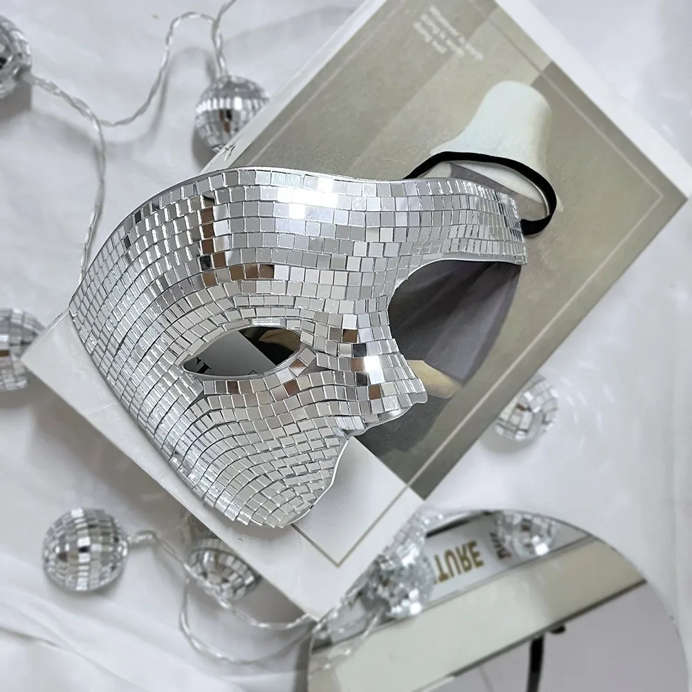 Glitter Material Disco Ball Mirror Mask Mirror Surface Metallic Masquerade Mask Sparkling Steampunk Style Costume Mask