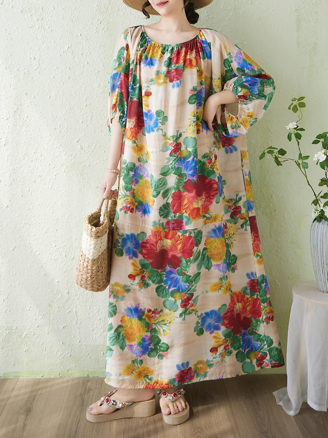 Bohemian Print Cotton Lin Loose Long Dress Bell Sleeve Cover up Slimming Robe Large Size Women's Summer Casual A-Line Dress 2