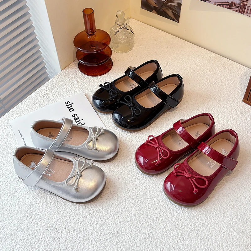 

Spring Girl's Leather Shoes Bowknot Hook-loop Sweet Kid's Flat Shoe Solid Colors Anti-slip Daily Chic Glossy Children Shoe 4-6Y