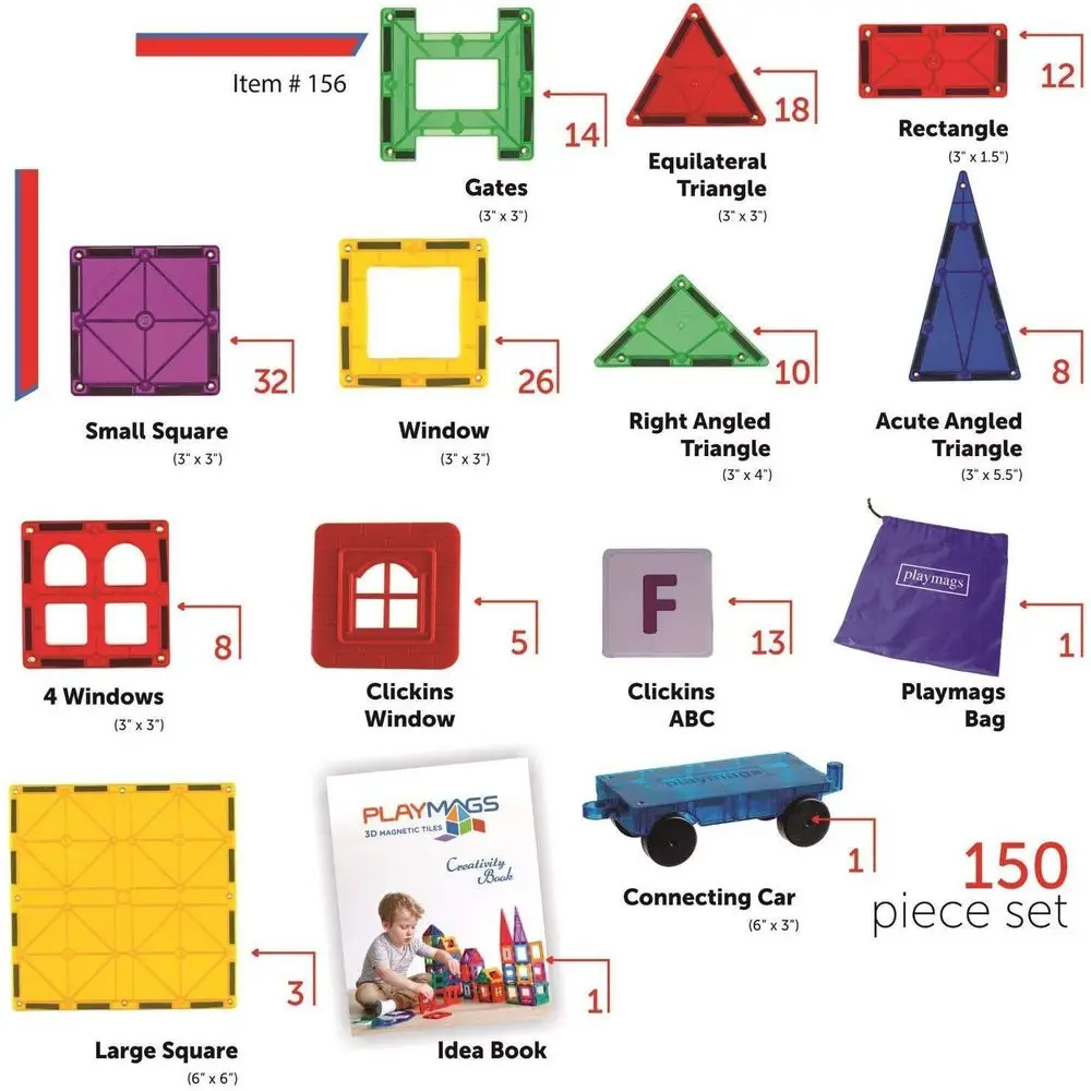 ชุดตัวต่อแม่เหล็ก: บล็อกสร้างแบบ 3 มิติ 150 ชิ้น ของเล่น STEM สำหรับเด็ก พร้อมรถ 1 คัน