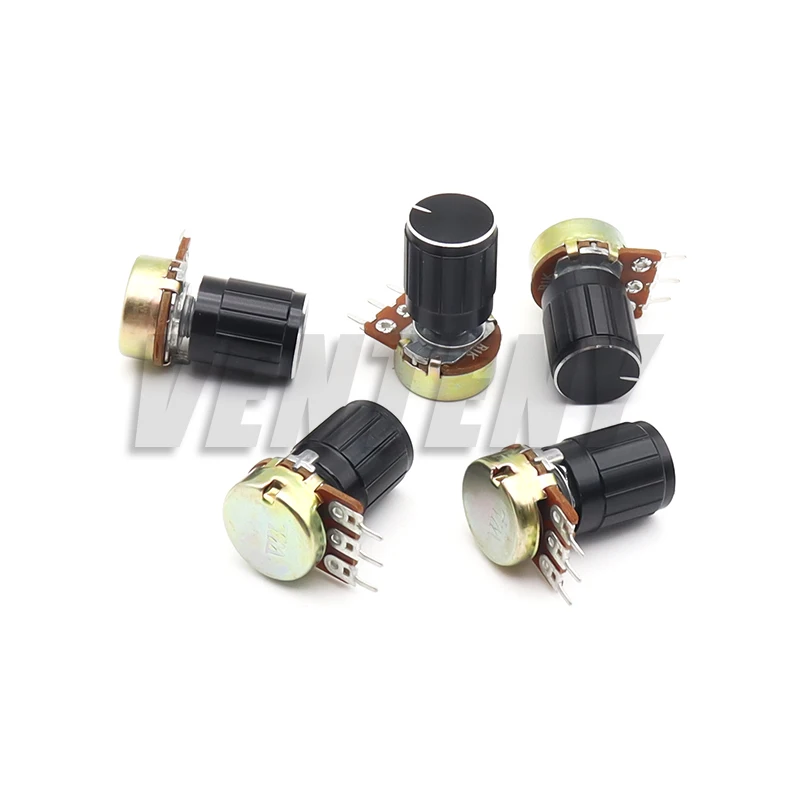 5 комплектов 15 мм 3-контактный линейный конический резистор поворотного потенциометра WH148 1K 2K 5K 10K 20K 50K 100K 250K 1M с комплектом черной алюминиевой ручки