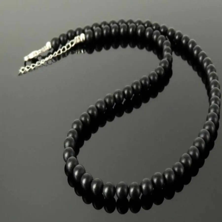 

Handmade Genuine Black Onyx Round Beaded Necklace Silver Tone Clasp Ethnic Jewelry Gift for Him