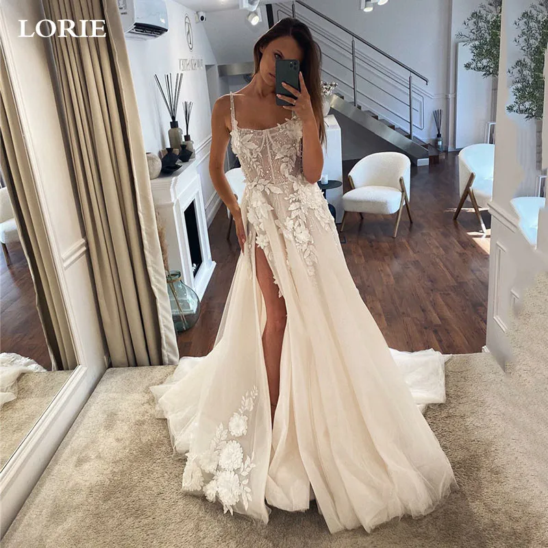 LORIE Sexy 3D Lace Wedding Dresses A Line Spaghetti Straps Square Neck Bride Dress Elegant Appliqued Lace Wedding Gowns 2023