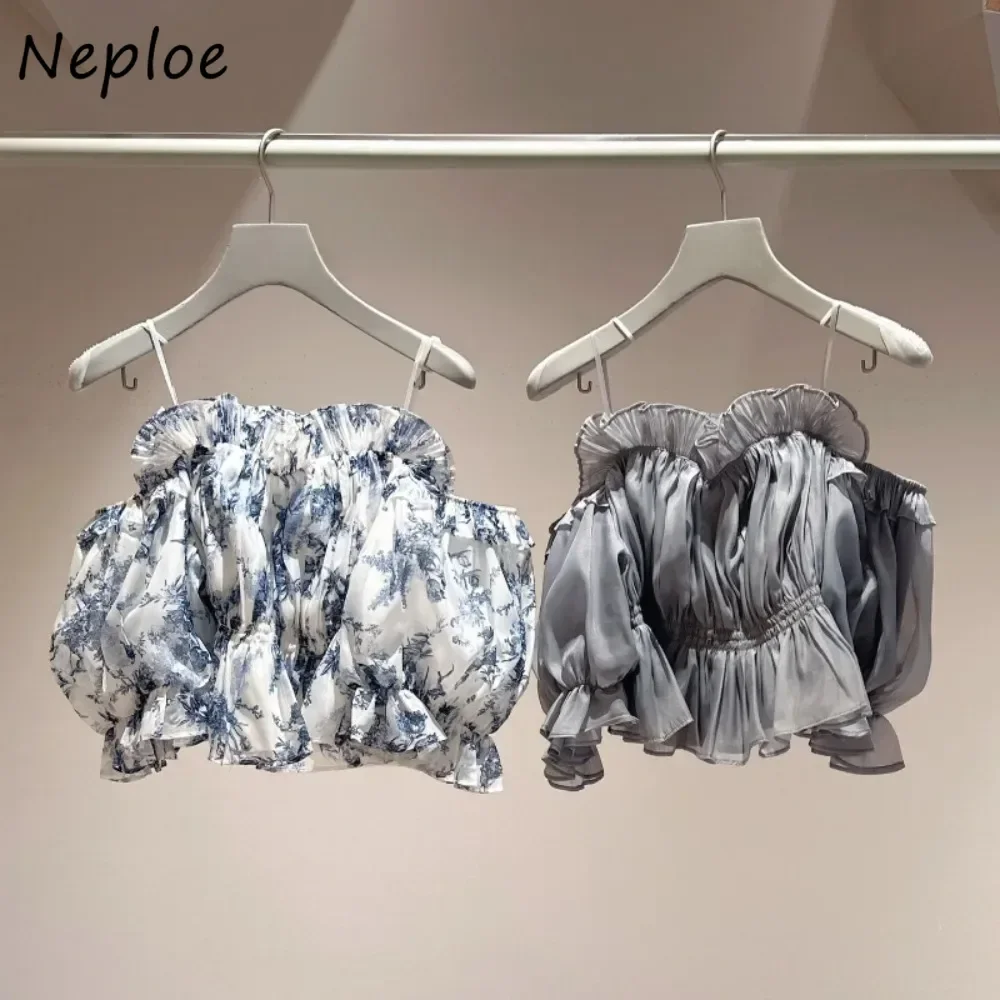 

Neploe Exquisite Drop-shoulder Slash Neck Sweet Blouses Fungus Mesh Chiffon Blusas Japan Short Print Sexy Spice Girls Shirt