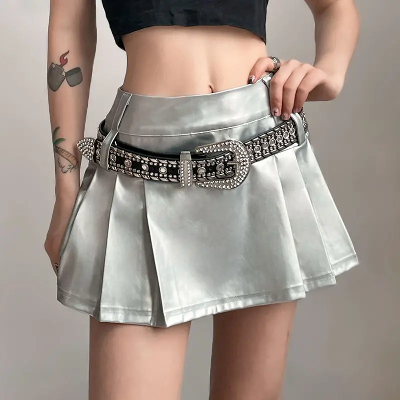 

Fashion High Waist Pleated PU Leather Skirt Women Without The Belt