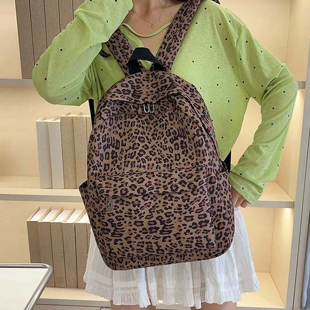 Nylon Leopard Print Backpack Retro Durable Students School Bag Scratch Prevention Daypack Large Capacity Backpack Women