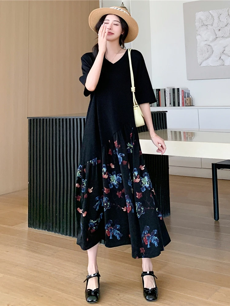 NYFS 2025 Summer New Loose Plus Size Woman Dress Vestidos Robe Elbise Fake two-piece Patchwork Chiffon Hem Long Dress