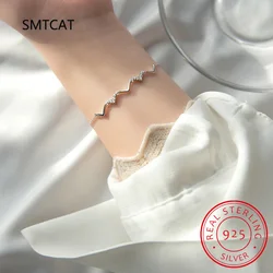 Real 925 Sterling Silver Zircon Wave V Shape Charm Bracelet For Women Wedding Classic Minimalist Fine Jewelry