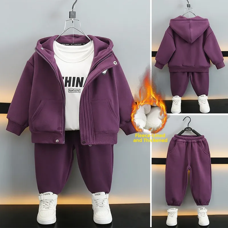 

Children's Faionable Casual Sportswear Hooded Zipper Top Fce Lined Two-Piece Set for Boys And Girls Pure Purple Autumn W...