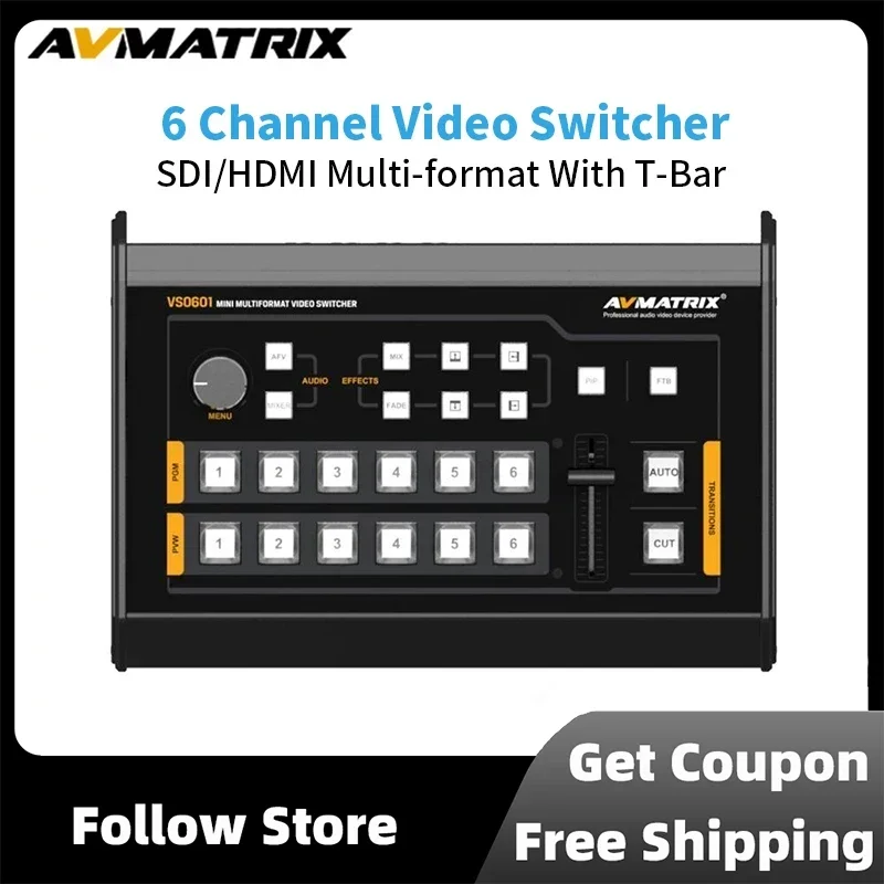 Avmatrix VS0601 Mini 6 Channel SDI/HDMI Multi-format With T-Bar Live Streaming Video Switcher For DSLR Camera