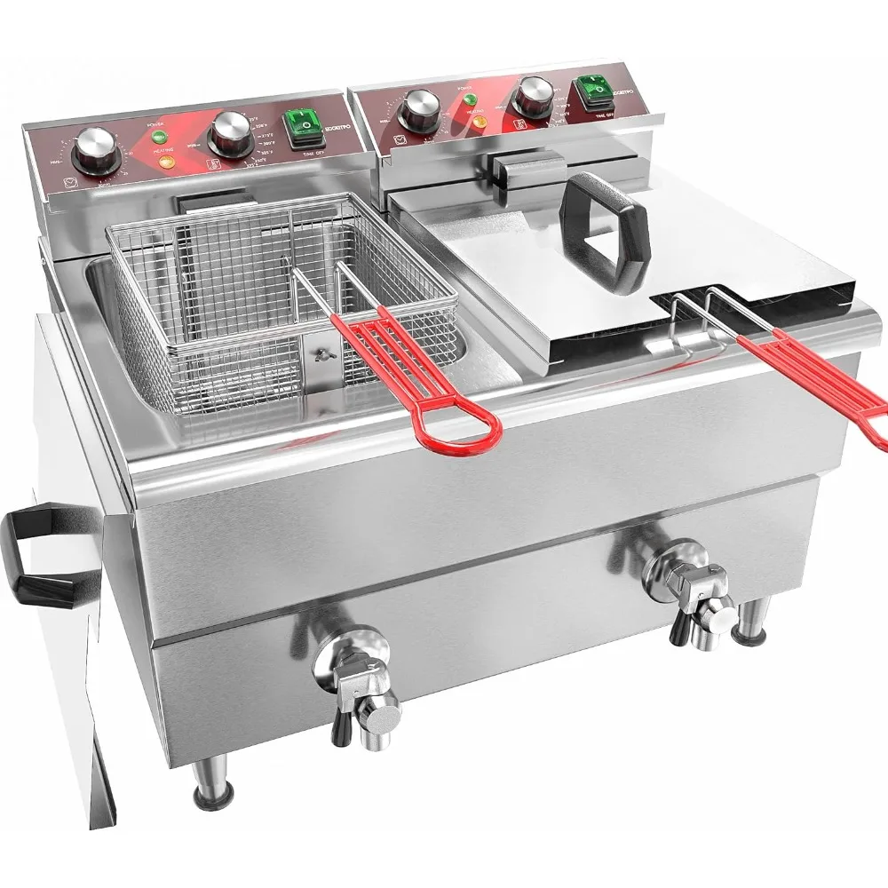 

Electric Deep Fryer with Oil Filtration and Timer, Stainless Steel, 24L Large Capacity Dual Tank Fryer, 120V 3500W