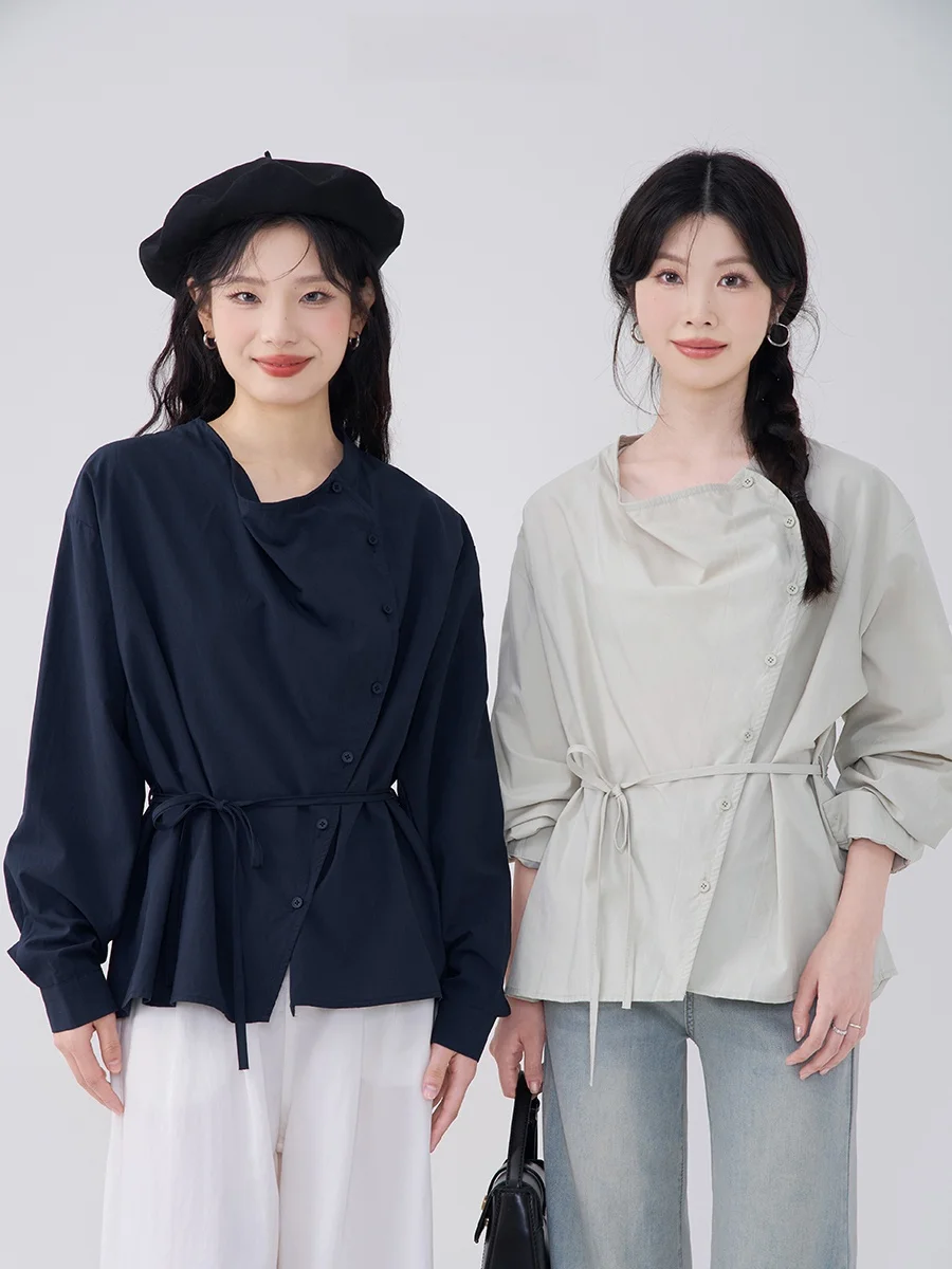 

Heme Long Sve irt Women's Loose Top Spring Autumn Slant Button Design Sensation Faion Commute Sle Pure Color